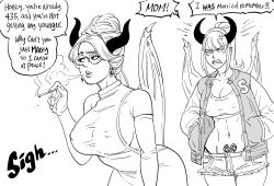 Rule 34 | 2girls, anger vein, backless outfit, bb (baalbuddy), breasts, cigarette, cleavage, commentary, demon girl, demon horns, demon wings, denim, denim shorts, english commentary, english text, female focus, glasses, greyscale, highres, horns, jacket, large breasts, mature female, mole, mole under eye, monochrome, mother and daughter, multiple girls, open clothes, open jacket, original, pubic tattoo, short shorts, shorts, simple background, smoking, speech bubble, tank top, tattoo, white background, wings