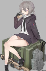 Rule 34 | 1girl, american flag, artist name, backpack, bag, bare legs, black footwear, black gloves, black necktie, bolt action, cheytac m200, cup, girls&#039; frontline, gloves, grey background, grey hair, gun, highres, holding, holding cup, jacket, looking at viewer, m200 (girls&#039; frontline), medium hair, necktie, panties, pantyshot, purple eyes, purple jacket, purple skirt, rifle, saturndxy, shirt, shoes, sitting, skirt, sniper rifle, solo, underwear, weapon, white panties, white shirt