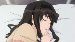 Rule 34 | 1girl, amagami, black hair, clenched hand, female focus, headband, lying, morishima haruka, open mouth, pillow, sleeping, solo