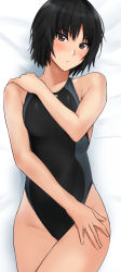 Rule 34 | 1girl, amagami, black eyes, black hair, black one-piece swimsuit, bob cut, breasts, brown eyes, competition swimsuit, cowboy shot, highres, looking at viewer, lying, nanasaki ai, one-piece swimsuit, short hair, small breasts, solo, swimsuit, two-tone swimsuit, yoo tenchi