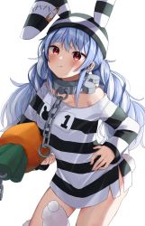 Rule 34 | 1girl, :t, animal ears, bare shoulders, bent over, black hat, black shirt, black stripes, blue hair, blush, carrying, carrying under arm, chain, closed mouth, collar, commentary, don-chan (usada pekora), hair undone, hand on own hip, hat, highres, hikimayu, hololive, leaning forward, long hair, long shirt, long sleeves, looking ahead, messy hair, metal collar, moonbell, multicolored hair, off shoulder, official alternate costume, orange eyes, prison clothes, rabbit ears, rabbit girl, rabbit tail, safety pin, shaded face, shirt, short eyebrows, solo, stitches, striped clothes, striped headwear, striped shirt, stuffed carrot, stuffed toy, tail, thick eyebrows, torn clothes, torn shirt, two-tone hair, two-tone headwear, two-tone shirt, usada pekora, usada pekora (prisoner), very long hair, virtual youtuber, white hair, white hat, white shirt, white stripes