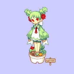 Rule 34 | 1girl, ascot, barefoot, bow, cactus, flower, green hair, hair flower, hair ornament, long sleeves, mo.ram, personification, pixel art, red ascot, red eyes, simple background, smile, solo, standing, twintails, white bow
