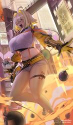 Rule 34 | 1girl, :d, absurdres, ahoge, artist name, black gloves, black sports bra, blonde hair, blush, bomb, breasts, cityscape, clothing cutout, controller, crop top, crop top overhang, cropped sweater, dated, elegg (nikke), explosive, exposed pocket, fire, game controller, gloves, goddess of victory: nikke, grey shorts, hair intakes, hair over eyes, highres, large breasts, long bangs, long sleeves, micro shorts, multicolored clothes, multicolored gloves, multicolored hair, navel, open mouth, peaceterzero, purple eyes, short hair, shorts, shoulder cutout, smile, solo, sports bra, suspender shorts, suspenders, thigh strap, thighs, two-tone hair, yellow gloves