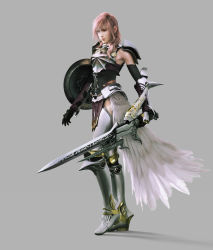 Rule 34 | 10s, 1girl, 3d, absurdres, armor, boots, breastplate, elbow gloves, feathers, final fantasy, final fantasy xiii, final fantasy xiii-2, full body, gloves, gunblade, highres, lightning farron, long hair, official art, pink hair, pteruges, shield, simple background, solo, sword, thighhighs, weapon