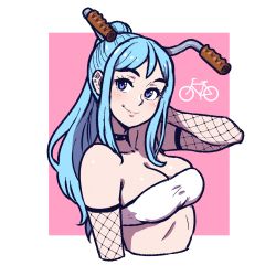 Rule 34 | 1girl, akairiot, bare shoulders, blue hair, breasts, choker, closed mouth, collarbone, cropped torso, fishnet armwear, fishnets, hand on own head, handlebar, highres, iru may (akairiot), light blush, long hair, looking to the side, medium breasts, midriff, original, ponytail, purple eyes, sidelocks, simple background, sketch, smile, solo, strapless, tube top, upper body