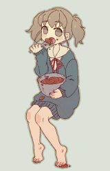 Rule 34 | 1girl, barefoot, bow, bowl, brown hair, chocolate, chocolate covered, chocolate on clothes, eating, feet, food, hantoumei namako, open mouth, ribbon, school uniform, simple background, twintails
