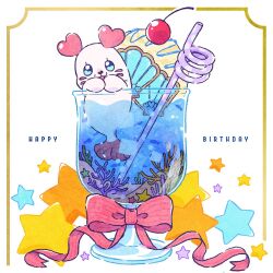 Rule 34 | blue eyes, bow, cherry, commentary request, coral, cup, drinking straw, english text, food, fruit, glass, happy birthday, heart, heart-shaped ear, heart in eye, hoppetoonaka3, kururun (precure), no humans, open mouth, precure, red bow, sand, seal (animal), shell, smile, symbol in eye, tropical-rouge! precure