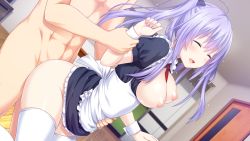 Rule 34 | 1girl, absurdres, arm grab, blush, bouncing breasts, breasts, breasts out, closed eyes, clothed female nude male, frills, from side, game cg, happy, happy sex, highres, indoors, legs, maid, medium breasts, nekonyan, nipples, no panties, nude, open mouth, original, purple hair, sex, smile, solo focus, standing, thighhighs, thighs, tonari ni kanojo no iru shiawase ~summer surprise~, twintails, unaligned breasts, uryuu koume, vaginal, wooden floor, wrist cuffs