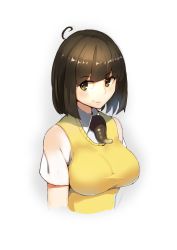 Rule 34 | 1girl, absurdres, ahoge, blush, breasts, brown eyes, brown hair, closed mouth, extra tongue, highres, kion-kun, large breasts, looking at viewer, original, school uniform, shirt, short sleeves, simple background, smile, solo, upper body, vest, white background, white shirt, yellow vest