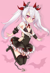 Rule 34 | 1girl, absurdres, anchor, animal print, azur lane, bat print, bikini, bikini top only, black bikini, black thighhighs, bow, bowtie, chain, commentary request, detached collar, detached sleeves, fang, flat chest, garter straps, hair ribbon, high heels, highres, long hair, looking at viewer, red eyes, ribbon, shinori (efvbji6264), simple background, smile, solo, swimsuit, thighhighs, twintails, vampire (azur lane), white hair