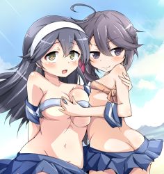 Rule 34 | 10s, 2girls, :o, ahoge, akebono (kancolle), arm behind back, armband, ass, bandeau, bare arms, bare shoulders, black hair, blue skirt, blush, breasts, butt crack, cleavage, cloud, fang, female focus, groin, hair between eyes, hairband, hug, kantai collection, large breasts, long hair, looking at viewer, looking back, microskirt, midriff, miyamaru, multiple girls, navel, open mouth, purple eyes, short hair, skirt, sky, small breasts, smile, strapless, tube top, underboob, ushio (kancolle), yellow eyes, yuri