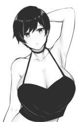Rule 34 | 1girl, arm behind head, arm up, armpits, bare arms, bare shoulders, black choker, borrowed character, breasts, choker, cleavage, facing viewer, greyscale, kaitofuuma, large breasts, looking at viewer, midriff, monochrome, no bra, olive laurentia, original, pixie cut, short hair, simple background, skindentation, solo, tank top, upper body, white background
