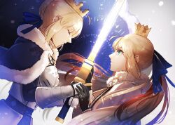Rule 34 | 2girls, ahoge, armor, armored dress, artoria caster (fate), artoria caster (third ascension) (fate), artoria pendragon (all), artoria pendragon (fate), black gloves, blonde hair, blue cape, blue dress, blue ribbon, braid, cape, closed eyes, commentary, crown, dress, excalibur (fate/stay night), fate/grand order, fate/stay night, fate (series), french braid, from side, fur-trimmed cape, fur collar, fur trim, gauntlets, gloves, glowing, glowing sword, glowing weapon, green eyes, hair bun, hair ribbon, highres, holding, holding hands, holding sword, holding weapon, long sleeves, looking at another, mini crown, multiple girls, ponytail, profile, ribbon, saber (fate), single hair bun, sword, weapon, yamano udumi