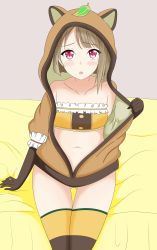 Rule 34 | 1girl, absurdres, animal ears, animal hood, artist name, artist request, bandeau, bed, black gloves, black legwear, blush, bow, breasts, brown gloves, brown hair, brown hoodie, brown jacket, brown legwear, buttons, choker, clothes pull, collarbone, exciting animal (love live!), female focus, frill trim, frilled bandeau, frilled cuffs, frilled skirt, frilled sleeves, frills, fur-trimmed jacket, fur jacket, fur trim, gloves, green bow, green choker, green ribbon, grey background, grey hair, hair ornament, heart, heart (symbol), heart print, highres, hood, hood up, hooded jacket, hoodie, jacket, leaf hair ornament, leaf print, light brown hair, long sleeves, looking at viewer, love live!, love live! nijigasaki high school idol club, love live! school idol festival, love live! school idol festival all stars, miniskirt, nakasu kasumi, neck ribbon, on bed, orange bandeau, orange skirt, parted lips, pink bow, pink eyes, plaid, plaid skirt, pleated, pleated skirt, puffy long sleeves, puffy sleeves, purple eyes, raccoon costume, raccoon ears, raccoon hood, raccoon tail, ribbon, ribbon trim, short hair, skirt, smile, solo, tail, two-tone legwear, two-tone skirt, white wrist cuffs, wrist cuffs