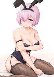 Rule 34 | 1girl, absurdres, alternate costume, animal ears, aogumaptticrash, bare arms, bare shoulders, blush, breasts, cleavage, collarbone, commentary request, fake animal ears, fate/grand order, fate (series), fishnet thighhighs, fishnets, grabbing, hair over one eye, highres, kneeling, large breasts, leotard, light purple hair, looking at viewer, mash kyrielight, mole, mole on breast, playboy bunny, purple eyes, purple hair, rabbit ears, short hair, simple background, smile, solo, thighhighs, white background