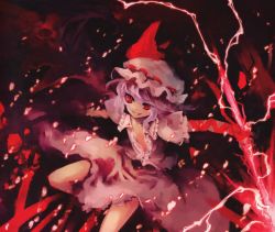 Rule 34 | 1girl, absurdres, dress, female focus, flat chest, hat, highres, polearm, purple hair, red eyes, remilia scarlet, smile, solo, spear, spear the gungnir, tokiame, touhou, weapon, wings