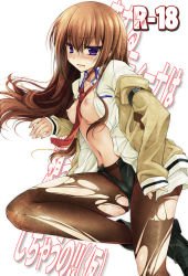 Rule 34 | 1girl, bad id, bad pixiv id, blush, boots, breasts, brown hair, brown pantyhose, colored eyelashes, cover, cover page, jacket, long hair, makise kurisu, navel, necktie, ninoko, nipples, open clothes, open shirt, pantyhose, purple eyes, red necktie, shirt, short shorts, shorts, solo, steins;gate, torn clothes, torn pantyhose