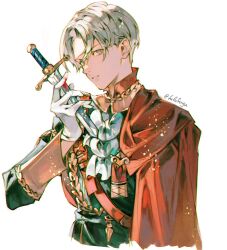 Rule 34 | 1boy, ascot, black jacket, blood, blood on gloves, bloody knife, blue eyes, cloak, cosplay, dagger, dimitri alexandre blaiddyd, edelgard von hresvelg (cosplay), fire emblem, fire emblem: three houses, gloves, gold trim, grey hair, highres, holding, holding dagger, holding knife, holding weapon, jacket, knife, looking at viewer, male focus, military jacket, negi (fufufuyu), nintendo, parted bangs, parted lips, red cloak, short hair, solo, twitter username, upper body, weapon, white ascot, white background, white gloves