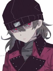 Rule 34 | 1boy, aragaki shinjirou, beanie, black coat, black hat, closed mouth, coat, grey hair, hair between eyes, hat, long hair, male focus, persona, persona 3, red eyes, shaded face, simple background, solo, twitter username, upper body, w wota, white background