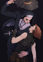 Rule 34 | 2girls, arm around waist, breasts, cincidious, commentary, cross, cross necklace, dead by daylight, english commentary, fingerless gloves, gloves, habit, hat, highres, holding, holding clothes, holding hat, jewelry, medium breasts, mikaela reid, multiple girls, necklace, nun, pendant, runny makeup, smile, the artist (dead by daylight), witch hat, yuri