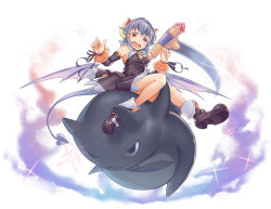 10s 1girl black_dress demon_tail demon_wings dress female_focus granblue_fantasy hair_intakes hair_ornament hairclip horns idolmaster idolmaster_cinderella_girls koshimizu_sachiko munaage necktie open_mouth pina_korata purple_hair riding scythe short_hair simple_background solo tail white_background wings yellow_eyes