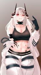 Rule 34 | 1girl, absurdres, arknights, armband, bare shoulders, black choker, black gloves, breasts, choker, chong (547342983), cleavage, commentary request, crop top, gloves, grey background, hand up, highres, horns, large breasts, long hair, looking at viewer, material growth, medium breasts, midriff, mudrock (arknights), mudrock (elite ii) (arknights), navel, oripathy lesion (arknights), pants, parted lips, pointy ears, red eyes, silver hair, solo, sports bra, stomach, white pants
