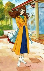 Rule 34 | 1990s (style), 1girl, akizuki meiko, brown hair, facing viewer, flower, full body, long hair, looking at viewer, marmalade boy, outdoors, retro artstyle, shop, smile, solo, standing, tree