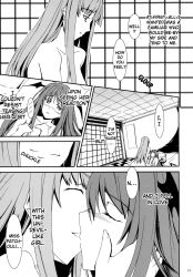 Rule 34 | 2girls, blush, closed eyes, comic, english text, eyebrows, female focus, greyscale, hair between eyes, hamayumiba sou, hand on another&#039;s face, hard-translated, head wings, highres, kiss, koakuma, long hair, lying, monochrome, multiple girls, nude, patchouli knowledge, smile, third-party edit, touhou, translated, wings, yuri