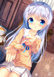Rule 34 | 1girl, absurdres, blue eyes, blue hair, blue ribbon, blurry, blurry background, blush, bowl, brown sweater, chestnut mouth, chinomaron, commentary request, depth of field, feeding, food, gochuumon wa usagi desu ka?, hair between eyes, hair ornament, highres, holding, holding spoon, indoors, kafuu chino, long hair, looking at viewer, neck ribbon, on chair, pill, pleated skirt, ribbon, sailor collar, school uniform, serafuku, signature, sitting, skirt, solo, spoon, sweater, table, twitter username, very long hair, white sailor collar, white skirt, wooden floor, x hair ornament
