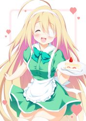 Rule 34 | 1girl, :d, ^ ^, ahoge, apron, blonde hair, blurry, blurry background, blush, bow, breasts, cake, cake slice, closed eyes, collared dress, commentary request, depth of field, dress, eyepatch, facing viewer, food, fork, frilled apron, frills, fruit, green bow, green dress, hair between eyes, hairband, heart, highres, holding, holding plate, long hair, medical eyepatch, open mouth, original, plate, puffy short sleeves, puffy sleeves, short sleeves, skindentation, small breasts, smile, solo, strawberry, taira takehiro, teeth, thighhighs, upper teeth only, very long hair, waist apron, white apron, white hairband, white thighhighs