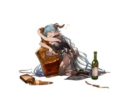 Rule 34 | ahoge, ankle boots, blue hair, blush, boots, bottle, breasts, brown footwear, draph, drunk, full body, granblue fantasy, holding, holding bottle, horns, kneeling, lamretta, long hair, looking away, minaba hideo, official art, open mouth, pantyhose, pointy ears, smile, solo, spill, transparent background
