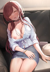 Rule 34 | 1girl, blue shirt, blush, bracelet, breast pocket, breasts, brown hair, choker, cleavage, cleft of venus, collarbone, grey skirt, highres, idolmaster, idolmaster shiny colors, jewelry, large breasts, long hair, long sleeves, mk (mod0), nipples, no bra, no panties, one breast out, open mouth, osaki amana, pocket, pussy, pussy peek, shirt, sitting, skirt, solo, thighs, uncensored, waking up, yellow eyes