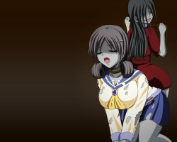 Rule 34 | 2girls, artist request, black eyes, black hair, breasts, bruise, closed eyes, collarbone, colored skin, corpse party, curly hair, dress, ghost, grey skin, hair ornament, hairpin, hanging breasts, injury, large breasts, leaning, leaning forward, long hair, looking back, multiple girls, open mouth, pixy (artist), pleated skirt, red dress, rope, school uniform, shaded face, shinohara seiko, shinozaki sachiko, simple background, sitting, sitting on person, skirt, smile, torn clothes, zombie