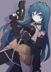 Rule 34 | 1girl, black legwear, blue hair, blush, breasts, closed mouth, commentary request, fingerless gloves, gloves, green eyes, grey background, gun, highres, long hair, looking at viewer, maria traydor, nail polish, simple background, skirt, solo, star ocean, star ocean anamnesis, star ocean till the end of time, very long hair, weapon, white background