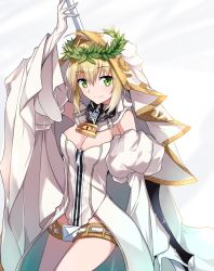 Rule 34 | 10s, 1girl, aestus estus, ahoge, arm up, bare shoulders, belt, belt buckle, belt skirt, blonde hair, bodysuit, breasts, bridal veil, buckle, chain, closed mouth, commentary request, cowboy shot, detached collar, detached sleeves, dress, elbow gloves, fate/extra, fate/extra ccc, fate (series), flower, from side, full-length zipper, gloves, green eyes, hair between eyes, hair bun, hair flower, hair intakes, hair ornament, hair ribbon, head wreath, heart, heart print, holding, holding sword, holding weapon, legs together, leotard, light smile, lock, looking at viewer, medium breasts, nero claudius (bride) (fate), nero claudius (bride) (third ascension) (fate), nero claudius (fate), nero claudius (fate) (all), padlock, petals, puffy detached sleeves, puffy sleeves, ribbon, ribbon trim, short hair with long locks, showgirl skirt, sidelocks, skirt, smile, solo, standing, stitches, strapless, strapless leotard, sword, tsuezu, veil, weapon, wedding dress, white gloves, white leotard, white ribbon, white skirt, wide sleeves, zipper, zipper pull tab