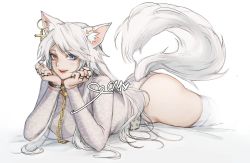 Rule 34 | 1girl, animal ear fluff, animal ears, ass, blue eyes, breasts, chain, commission, copyright request, cropped legs, cross, earrings, facial mark, fang, fox ears, fox tail, from side, grey hair, hands on own chin, hands up, head rest, heart, heterochromia, highres, jewelry, large breasts, leotard, long hair, long sleeves, lying, nose piercing, on stomach, piercing, red eyes, ring, signature, smile, solo, tail, tanu0706, teeth, thighhighs, upper teeth only, whisker markings, white leotard, white thighhighs