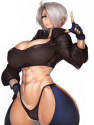 Rule 34 | 1girl, abs, angel (kof), ass, ass cutout, blue eyes, breasts, cameltoe, chaps, cleavage, cleft of venus, closed mouth, clothing cutout, covered erect nipples, cowboy shot, cropped jacket, fingerless gloves, fumio (rsqkr), gloves, grey background, hair over one eye, hand on own hip, highres, large breasts, lips, long sleeves, looking at viewer, navel, revealing clothes, short hair, silver hair, simple background, smile, solo, the king of fighters, thighs, thong, white background, wide hips