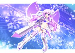 Rule 34 | 10s, 1girl, armor, bare shoulders, bikini armor, blue eyes, blush, boots, breasts, character name, choujigen game neptune mk2, full body, gunblade, hair ornament, highres, letterboxed, light purple hair, long hair, looking at viewer, mizunashi (second run), navel, nepgear, neptune (series), outline, purple sister, solo, thigh boots, thighhighs, weapon, white footwear