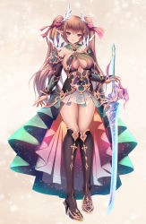Rule 34 | 1girl, absurdres, akina t, bow, brown eyes, brown hair, cleavage cutout, clothing cutout, commission, detached collar, detached sleeves, dress, elf, full body, hair bow, high heels, highres, holding, holding sword, holding weapon, kneehighs, knight, long hair, long sleeves, looking at viewer, original, pointy ears, skeb commission, smile, socks, solo, standing, sword, twintails, weapon