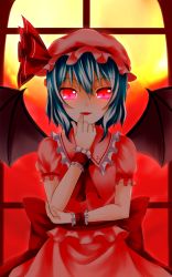 Rule 34 | 1girl, ascot, bat wings, blue hair, brooch, elbow rest, fang, finger to mouth, glowing, glowing eyes, hat, hat ribbon, highres, jewelry, looking at viewer, mob cap, parted lips, posoposo, red eyes, remilia scarlet, ribbon, short hair, short sleeves, skirt, skirt set, slit pupils, solo, touhou, two-tone background, window, wings, wrist cuffs