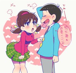 Rule 34 | 10s, 1boy, 1girl, amatory12, bad id, bad pixiv id, black hair, blush, bowl cut, brown eyes, brown hair, closed eyes, formal, green skirt, hair ribbon, hairband, heart, low twintails, matsuno osomatsu, open mouth, osomatsu-kun, osomatsu-san, osomatsu (series), plaid, plaid skirt, poking, ribbon, short twintails, skirt, smile, suit, text focus, tongue, tongue out, translation request, turtleneck, twintails, yowai totoko