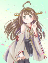 Rule 34 | 1girl, antenna hair, black skirt, black thighhighs, brown hair, detached sleeves, grey eyes, hairband, hakama, hakama short skirt, hakama skirt, headgear, index finger raised, japanese clothes, kantai collection, kongou (kancolle), long hair, looking at viewer, nontraditional miko, ribbon-trimmed sleeves, ribbon trim, skirt, solo, thighhighs, wanda (wondaba)
