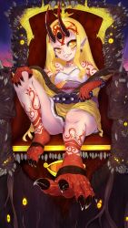 Rule 34 | 1girl, absurdres, barefoot, blonde hair, claws, earrings, fate/grand order, fate (series), feet, female focus, highres, horns, ibaraki douji (fate), japanese clothes, jewelry, kimono, long hair, looking at viewer, oni, oni horns, pointy ears, short kimono, sitting, solo, superuezou, toes, yellow eyes, yellow kimono