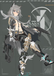 Rule 34 | 1girl, absurdres, animal ears, bandages, blush, character name, coat, floating, fox ears, grey hair, gun, hair strand, highres, holding, holding gun, holding weapon, jaana kettu, mechanical arms, mechanical legs, midriff, no bra, open clothes, open coat, original, parted lips, scarf, short hair, simple background, single mechanical arm, solo, tail, turkeysand (fernandear 504), weapon, weapon request
