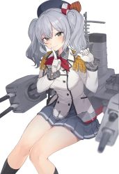 Rule 34 | 1girl, black socks, blue eyes, buttons, cannon, commentary request, epaulettes, frilled sleeves, frills, gloves, grey skirt, highres, index finger raised, invisible chair, jacket, kantai collection, kashima (kancolle), kneehighs, long sleeves, machinery, military, military jacket, military uniform, miniskirt, neckerchief, pleated skirt, red neckerchief, sidelocks, silver hair, simple background, sitting, skirt, socks, solo, turret, twintails, uniform, wavy hair, white background, white gloves, white jacket, ygcn