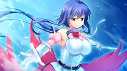 Rule 34 | 1girl, bare shoulders, belt, blue eyes, blue hair, breasts, flower, game cg, highres, knife, kunai uri, large breasts, long hair, looking at viewer, matching hair/eyes, noblesse of rouge, rose, simple background, smile, solo, standing, weapon