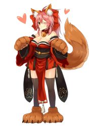 Rule 34 | 1girl, ;), absurdres, animal ears, animal hands, bad id, bad pixiv id, bare shoulders, bell, black thighhighs, bow, breasts, cleavage, closed mouth, collar, detached sleeves, fate/grand order, fate (series), fox ears, fox tail, full body, hair between eyes, hair bow, hands up, heart, highres, japanese clothes, jingle bell, kimono, kimono pull, kimono skirt, large breasts, long hair, looking at viewer, neck bell, one eye closed, paw print, ponytail, red bow, red kimono, smile, solo, standing, sukemyon, tail, tamamo (fate), tamamo cat (fate), tamamo cat (first ascension) (fate), tamamo no mae (fate/extra), thighhighs