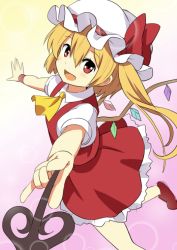Rule 34 | 1girl, ascot, blonde hair, bow, flandre scarlet, gradient background, hat, laevatein, open mouth, red eyes, ribbon, shimouki izui, short hair, side ponytail, smile, solo, touhou, wings