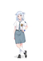 Rule 34 | 1girl, absurdres, belt, black belt, black footwear, blue eyes, blue hair, blunt bangs, blush, breast pocket, closed mouth, collared shirt, full body, gawr gura, grey hair, grey necktie, grey skirt, hand on own hip, highres, hololive, hololive english, indonesian high school uniform, kneehighs, looking at viewer, multicolored hair, necktie, pencil skirt, pocket, reihan (hanreh), school emblem, school uniform, shirt, shoes, simple background, skirt, smile, sneakers, socks, solo, standing, streaked hair, two side up, virtual youtuber, white background, white shirt, white socks