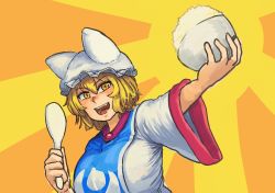 Rule 34 | 1girl, :d, animal hat, blonde hair, bowl, breasts, chanta (ayatakaoisii), commentary request, dress, hair between eyes, hand up, hat, highres, holding, holding bowl, large breasts, long sleeves, looking at viewer, mob cap, multicolored background, open mouth, orange background, rice, rice bowl, shamoji, short hair, slit pupils, smile, solo, tabard, touhou, two-tone background, white dress, wide sleeves, yakumo ran, yellow background, yellow eyes